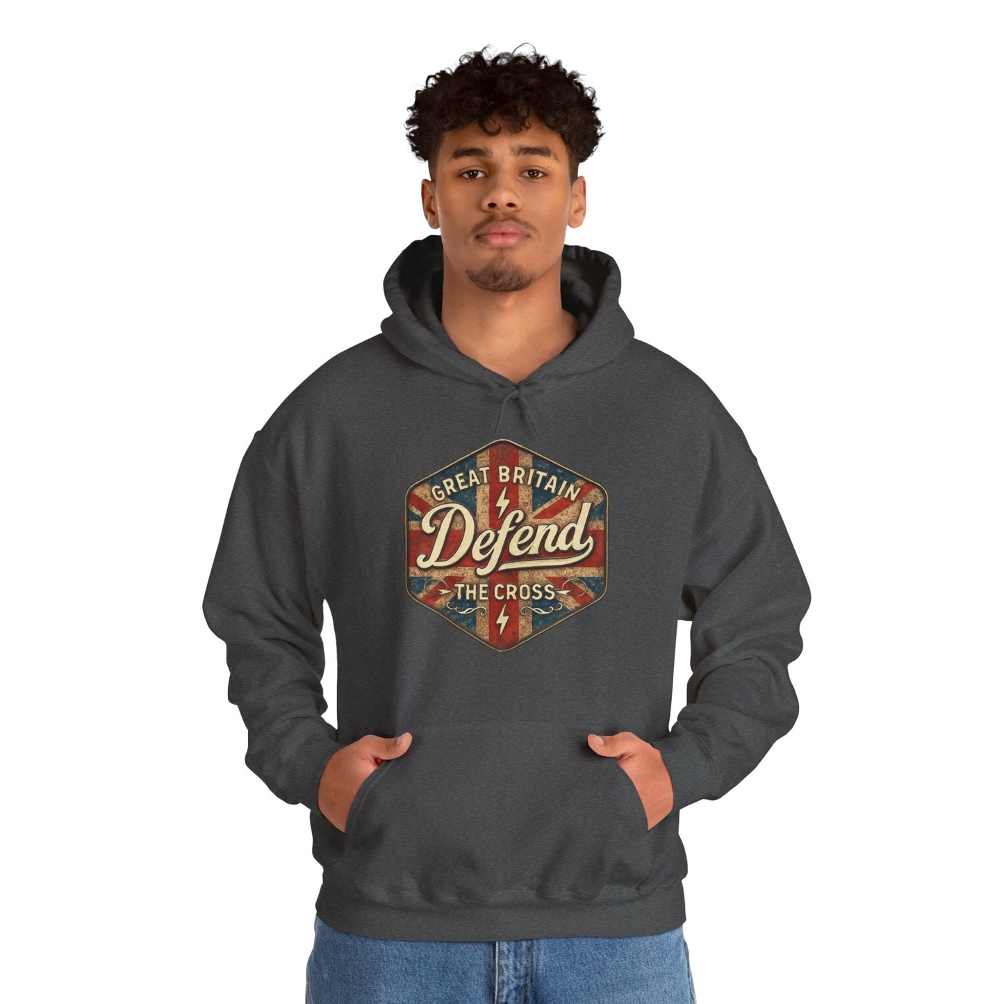 Unisex Heavy Blend Hoodie - Great Britain Defend the Cross Sweatshirt, Casual, Comfortable, Gift, Everyday Wear